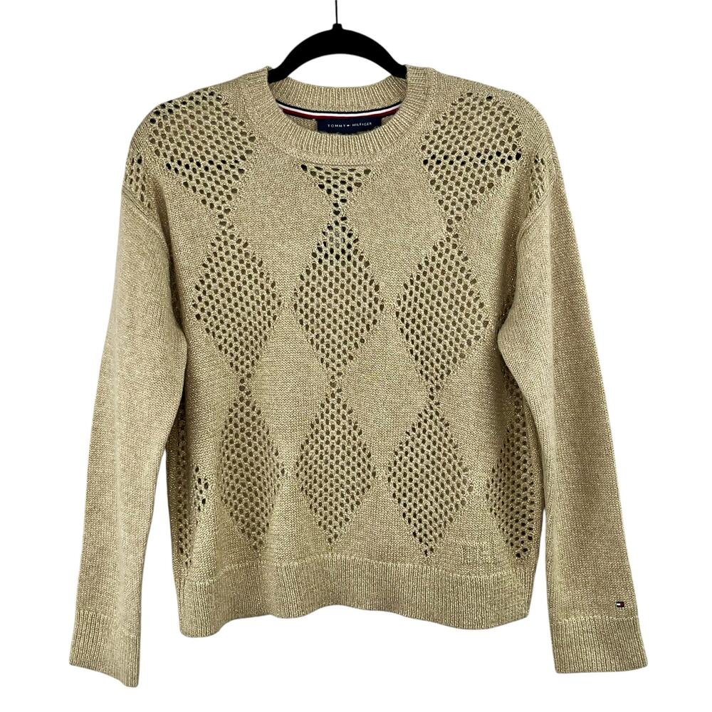 Tommy Hilfiger Tan Gold Metallic Open Stitch Argyle Knit Pullover Sweater NWT S